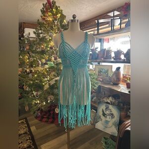 Original GoodVibeGoda Handmade Macramé Turquoise Fringe Dress